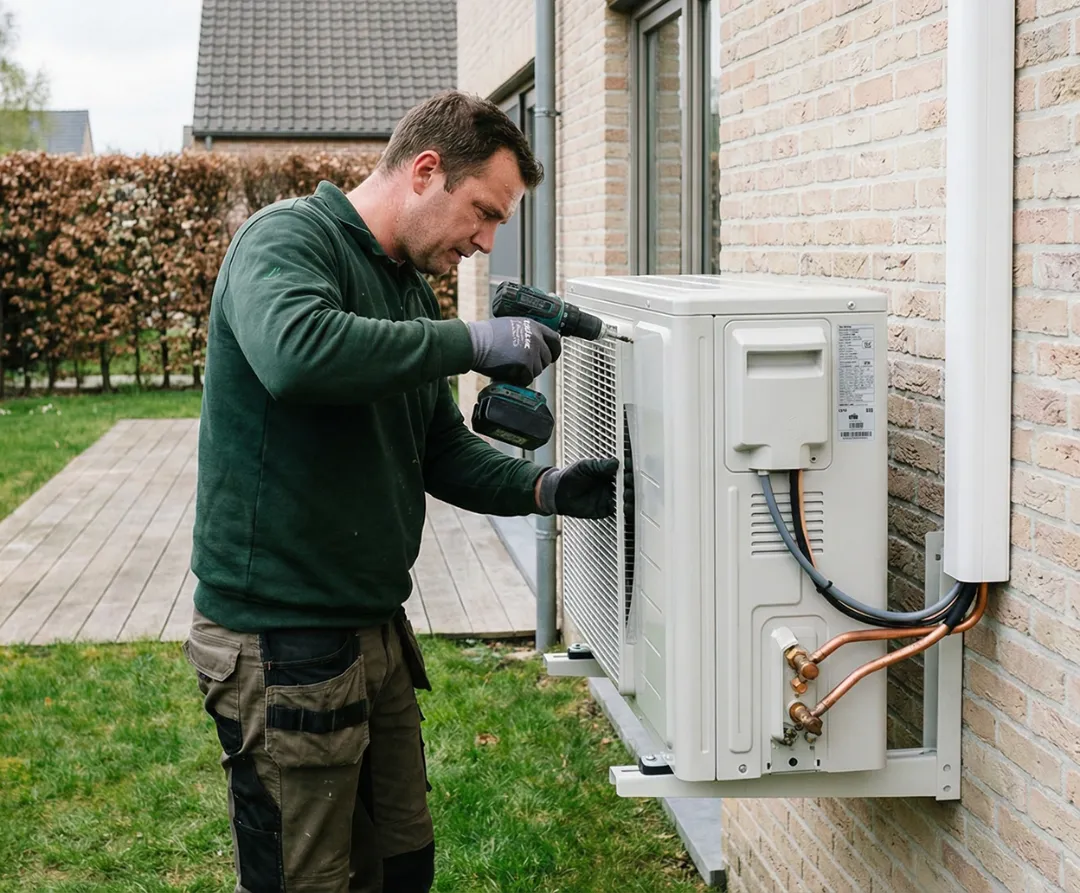 Een technicus installeert een energiezuinige airco-buitenunit aan een bakstenen muur van een huis.