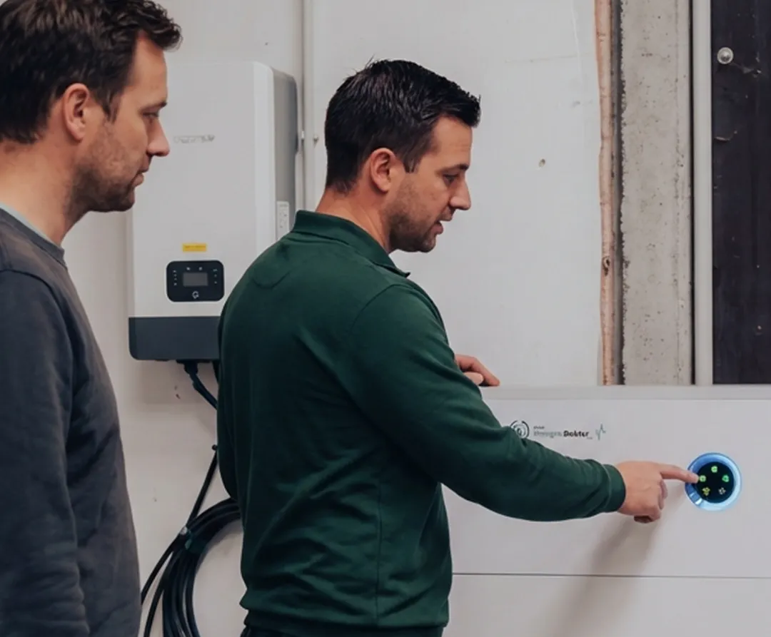 energie-dokter-thuisbatterij-installatie Twee technici inspecteren een moderne thuisbatterij met het Energie-Dokter logo en oplichtend statuslampje.