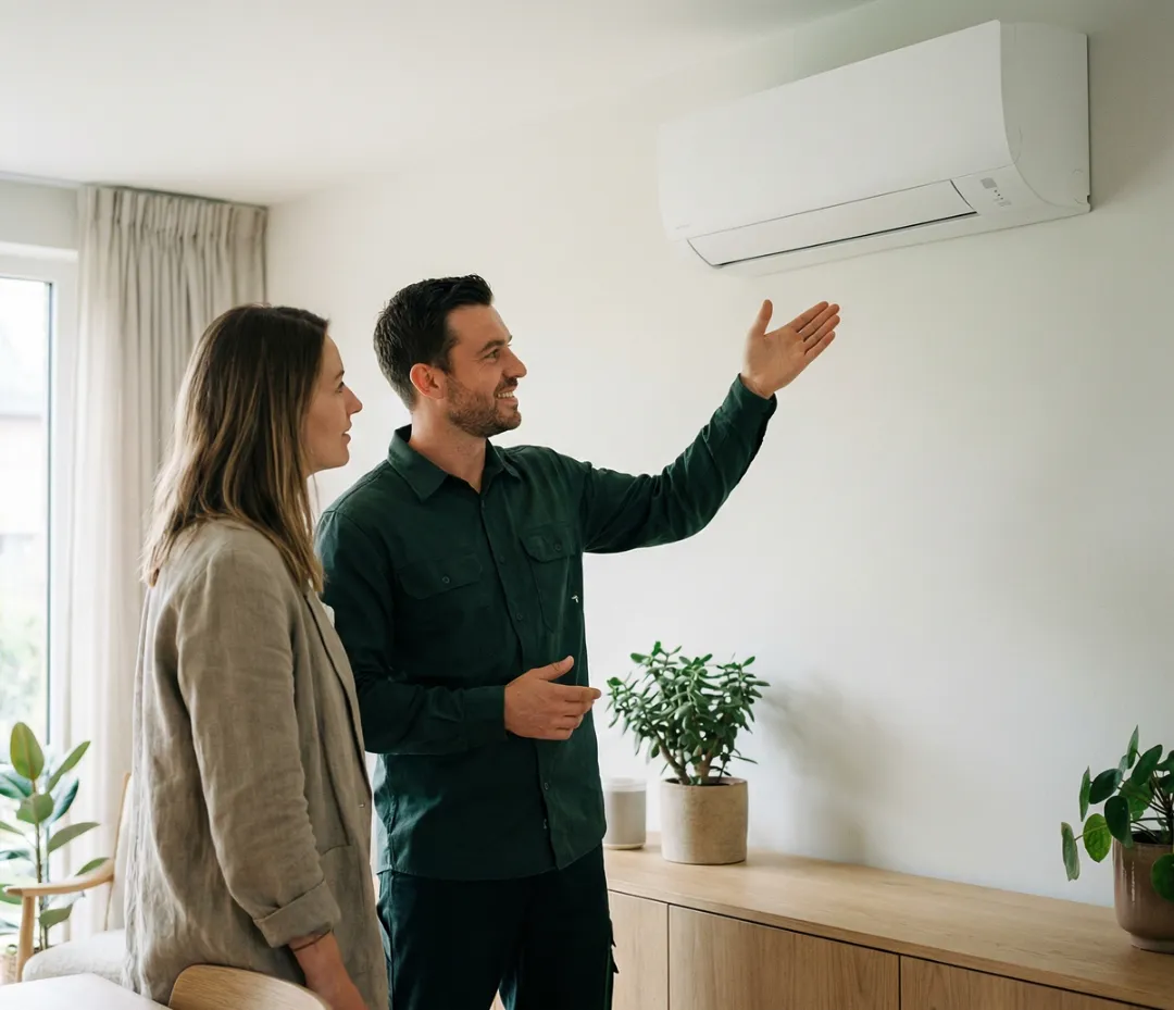 Man wijst naar moderne, energiezuinige airco aan de muur, uitgelegd aan vrouw in lichte woonkamer.
