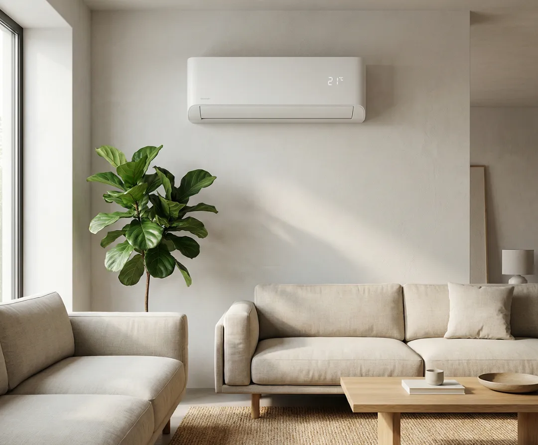 Lichte, moderne woonkamer met een witte, energiezuinige airco unit voor comfortabele koeling of verwarming.