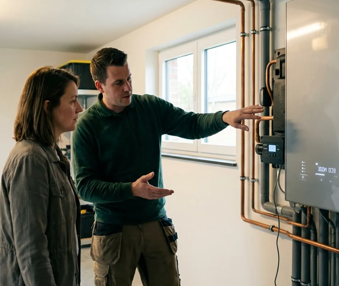 warmtepomp-advies-installateur-klant Een mannelijke technicus legt een moderne warmtepompinstallatie met koperen leidingen uit aan een aandachtige vrouwelijke klant.